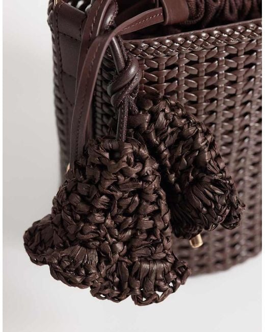 River Island Black Metal Handle Woven Bucket Bag