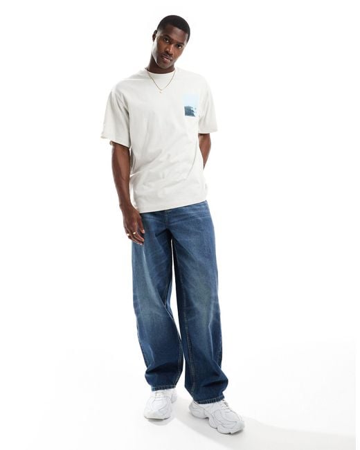 T-shirt beige con stampa di oceano sul retro di Pull&Bear in Blue da Uomo
