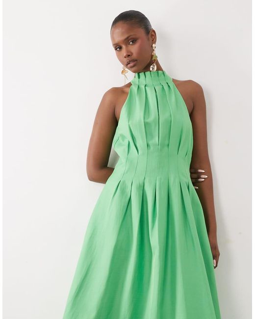 Forever New Green Linen Blend Pleat Detail Halter Midi Dress