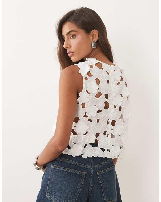 Mango Blue Round Neck Sleeveless Crop Top With Cut-out Embroidered Detailing