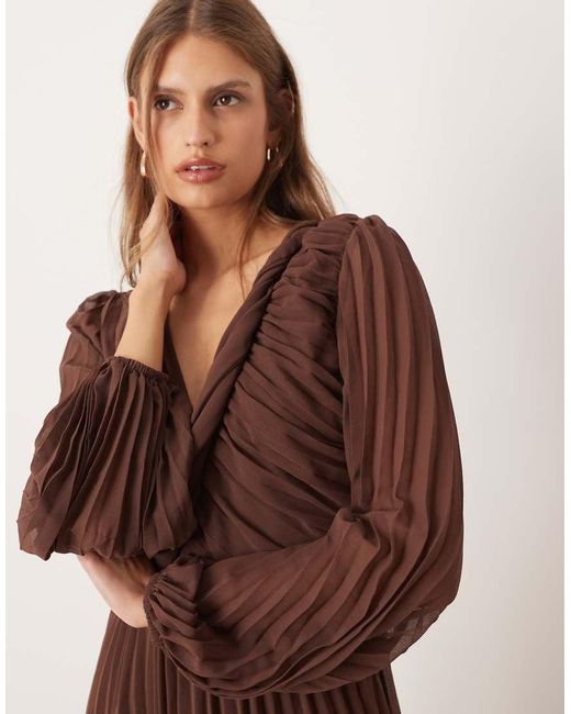 ASOS Brown Twist Detail Wrap Front Pleated Midi Dress
