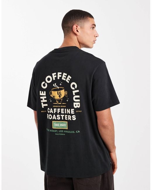Threadbare Black Relaxed Fit Coffee Club Graphic Print T-shirt for men