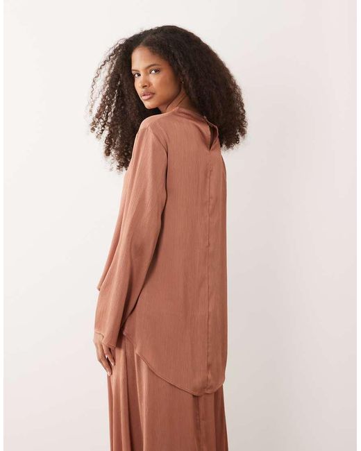 Iyal Brown Hammered Satin High Neck Long Sleeve Tunic Top Co-ord