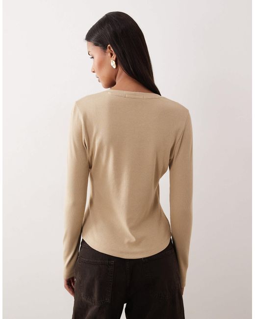 Threadbare Natural Long Sleeve Button Through Ribbed Top