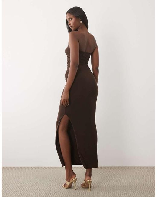 Missy Empire Natural Missy Empire Double Sculpted Slinky Bandeau Ruched Waist Detail Maxi Dress
