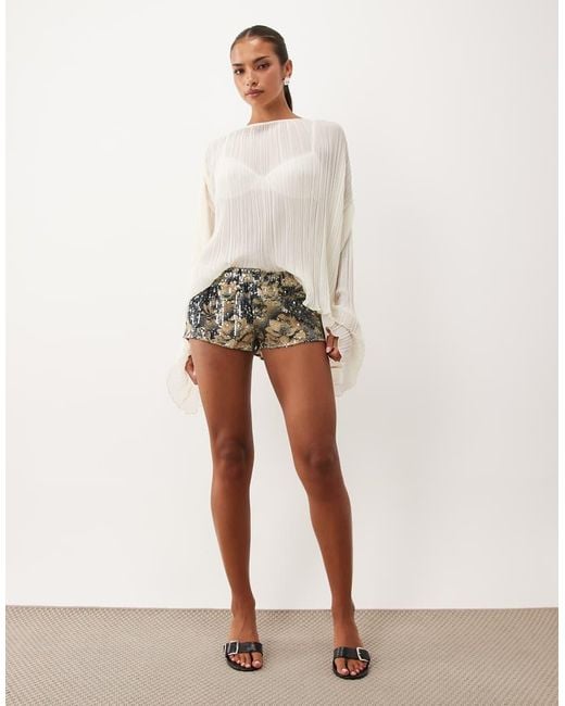 Lioness Natural Nice Nights Cuffed Sleeve Pleated Plisse Top