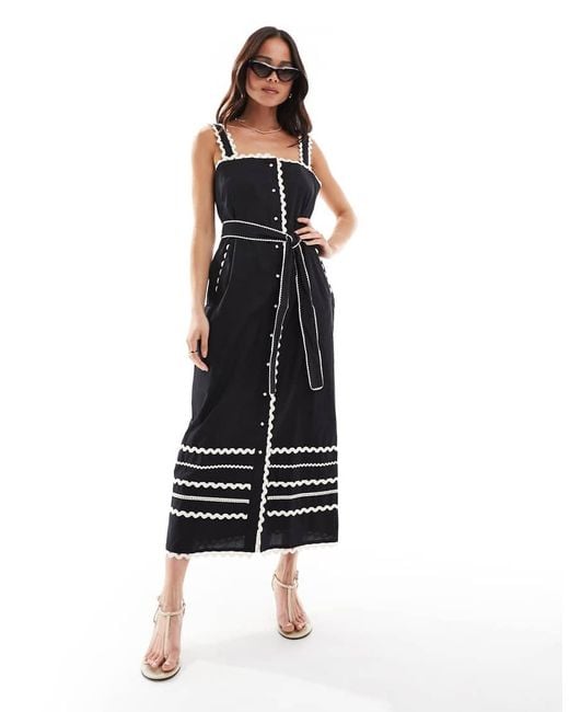 French Connection Black Cambria Cotton Ricrac Midi Dress