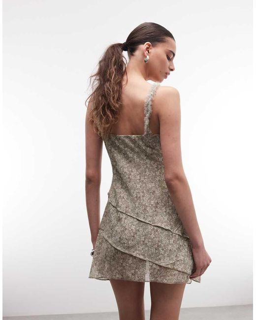 Monki Natural Asymmetric Ruffle Chiffon Mini Dress