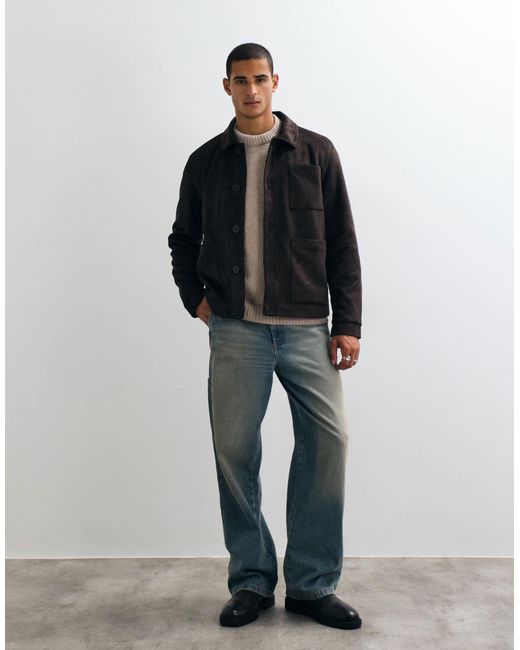 Threadbare Blue Faux Suede Button Up Collared Jacket for men