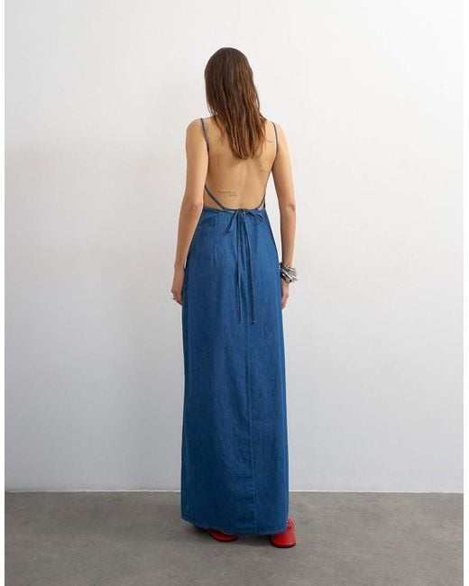 TOPSHOP Blue Ruched Backless Maxi Dress