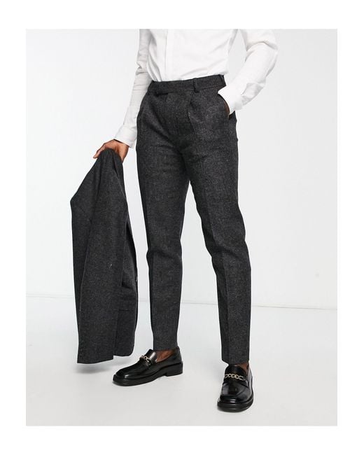 Noak Black British Tweed Slim Suit Trousers for men