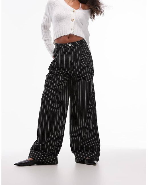 TOPSHOP White Stripe Wide Leg Turn Back Hem Trouser