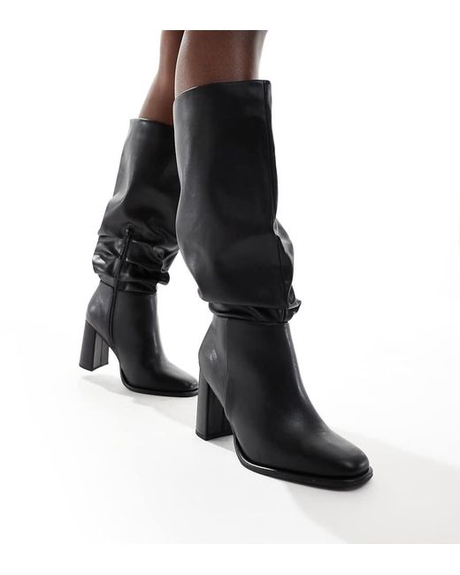 London Rebel Black maggie Slouchy Block Heel Boots