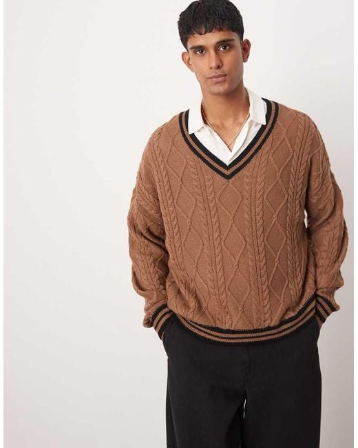 ASOS Brown Oversized Boxy Fit Cable Knitted Cricket Jumper for men