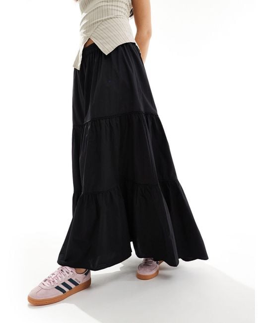 Monki Black Maxi Tiered Poplin Cotton Skirt With Half Elastic Waist