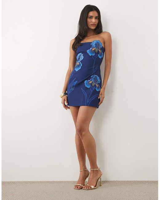JW PEI Blue Iris 3d Floral Structured Bandeau Mini Dress