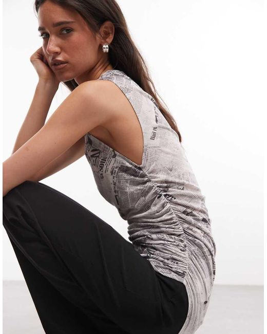 Weekday White Asymmetric Gathered Tank Top With Newspaper Print