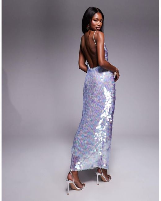 ASOS Blue Iridescent Sequin Asymmetric Cowl Neck Midi Dress