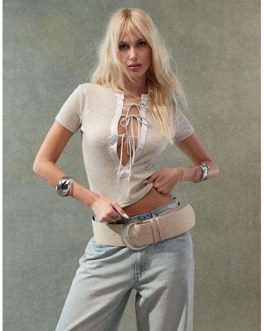 Lioness Gray Ribbed Tie Front Short Sleeve Top
