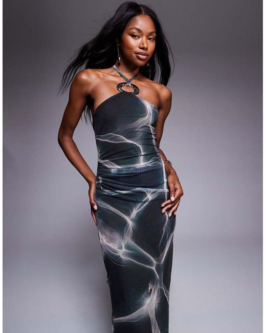 ASOS Multicolor Mesh Halter Midi Dress With Silver Hardware