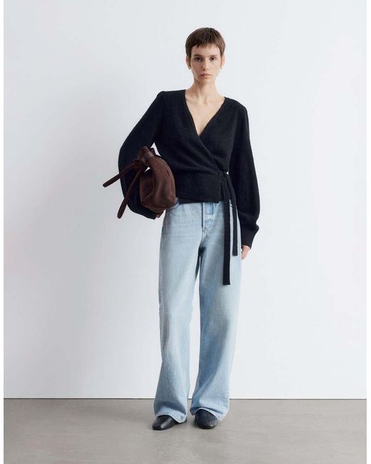 & Other Stories Gray Mohair & Wool Blend Hairy Yarn Wrap Cardigan With Puff Sleeves