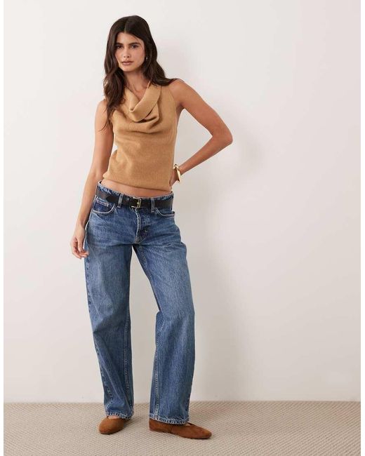 ASOS Blue Ribbed Cowl Neck Halter Knitted Top