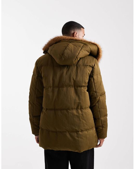 ASOS Brown Puffer Jacket With Faux Fur Hood Trim for men