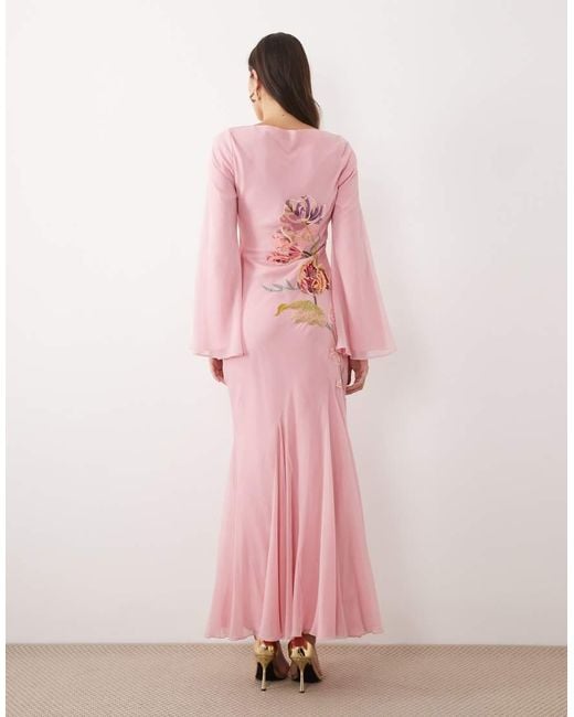 ASOS Pink Embroidery & Embellished Maxi Dress With Godets And Long Sleeves