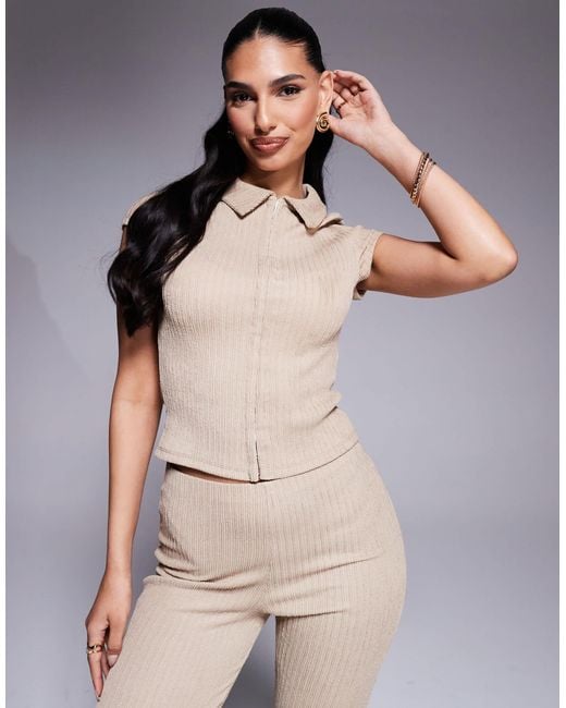 ASOS Natural Co-ord Textured Hook And Eye Short Sleeve Top