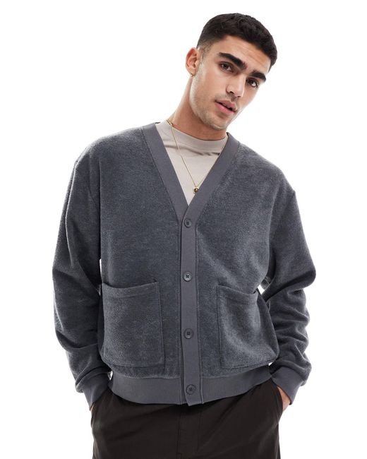 ASOS – kastige oversize-strickjacke aus frottee in Gray für Herren