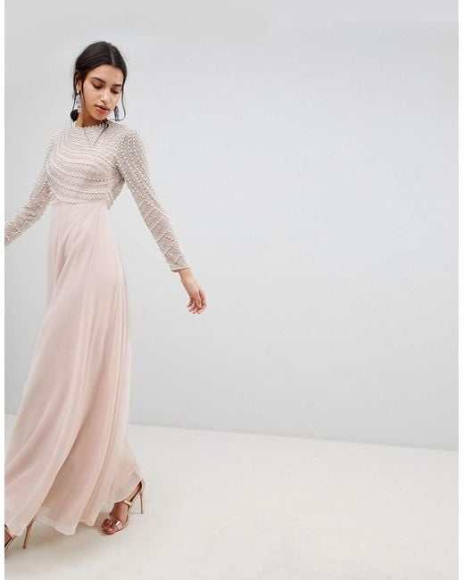 ASOS Pink Premium Pearl Embellished Long Sleeve Maxi Dress