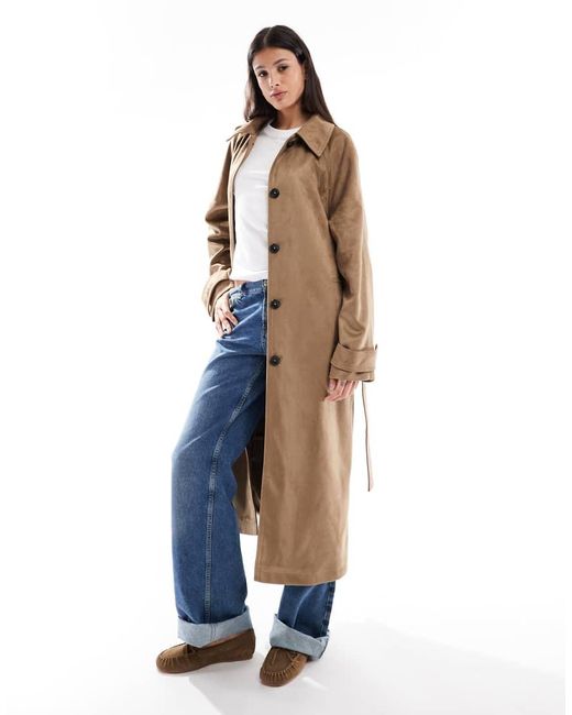 ASOS Natural Asos Design Tall Faux Suede Funnel Neck Trench Coat