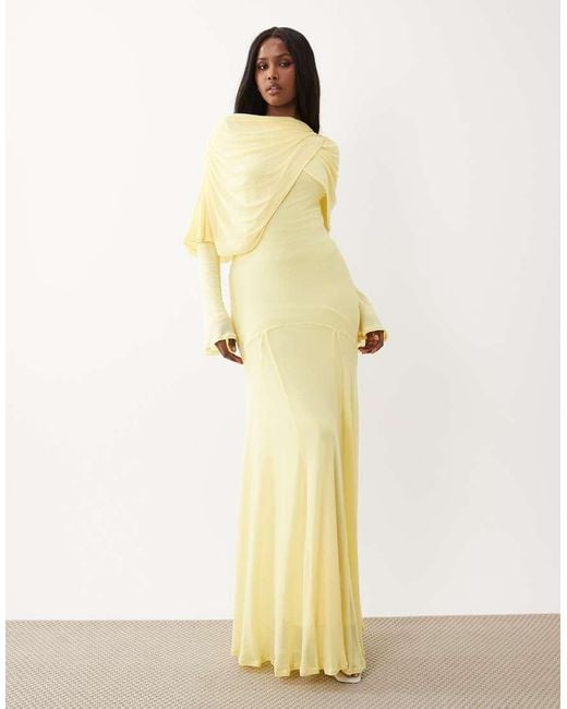 ASOS Natural Modesty Mesh Maxi Dress With Overlay Draped Neckline Detail