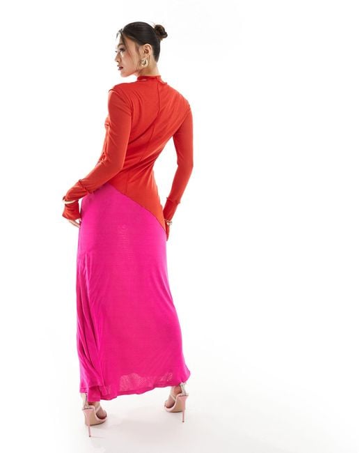 Robe longue à col montant - rouge et fuchsia DASKA en coloris Pink