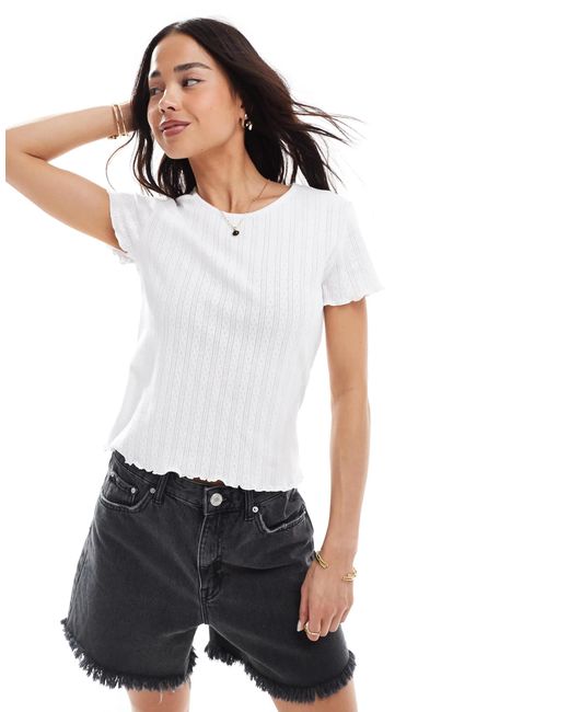 ONLY White Pointelle Lettuce Edge Baby Tee