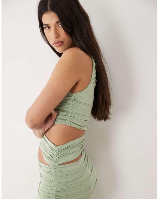 Aria Cove Green Double Layered Slinky Ruched Detail One Shoulder Cut Out Detail Maxi Dress