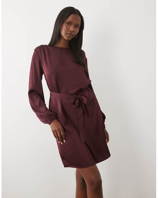 Vila Red Tie Waist Long Sleeve Satin Mini Dress