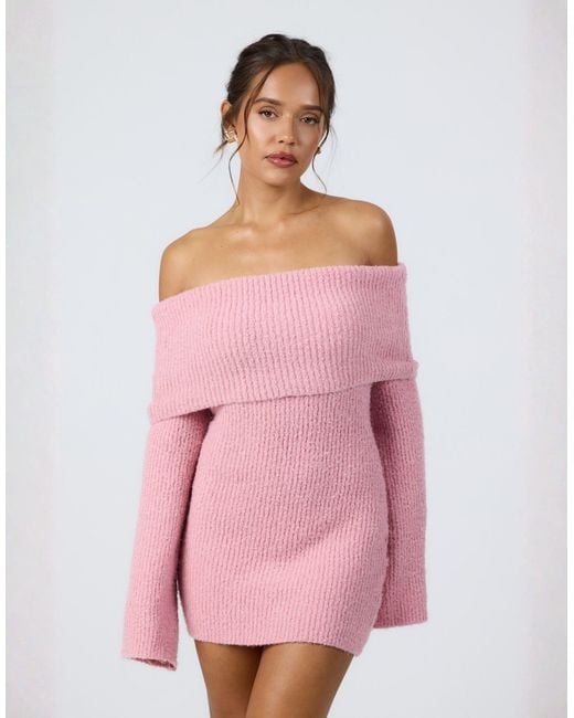 Aria Cove Knitted Bardot Mini Jumper Dress in Pink | Lyst