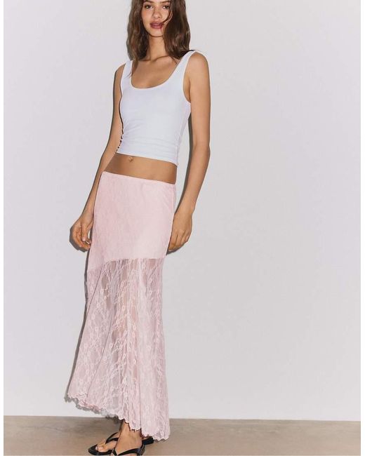 Stradivarius Pink Long Lace Skirt