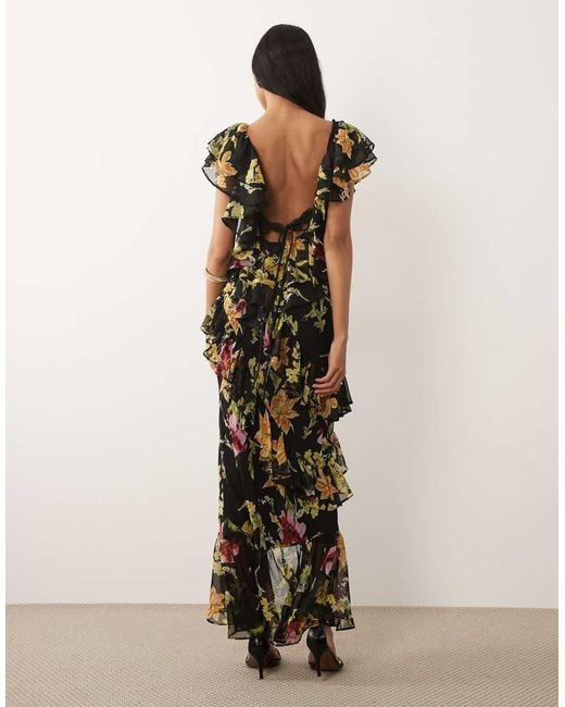 ASOS Natural Ruffle Maxi Dress With Lace Trim