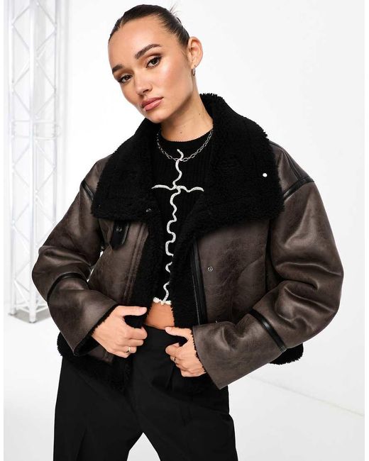 Stradivarius Aviator Jacket With Contrast Borg Lining in Black Lyst UK