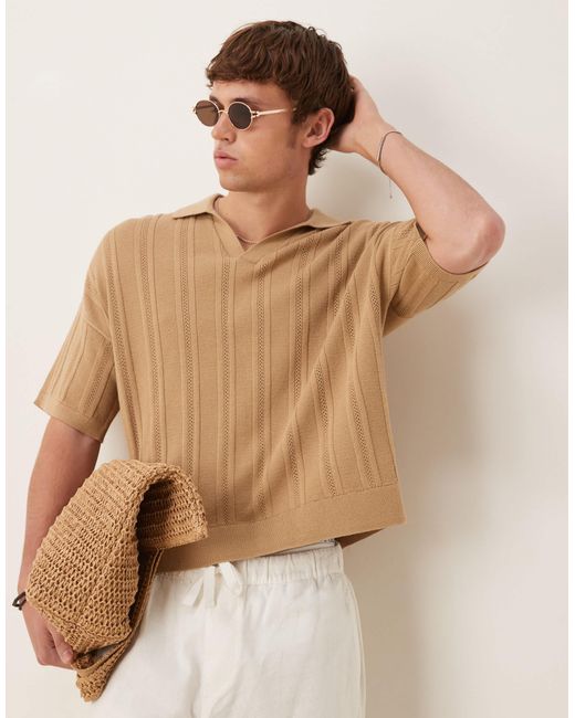 Polo oversize coupe carrée en maille côtelée avec col cranté et détails en maille pointelle - beige ASOS pour homme en coloris Brown