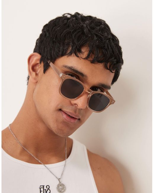 ASOS Rectangle Sunglasses With Smoke Lens And Milky Brown Frame for men
