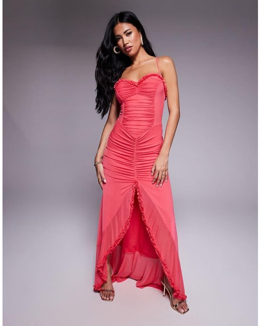AFRM Red Micro Ruffle Mesh High Low Maxi Dress