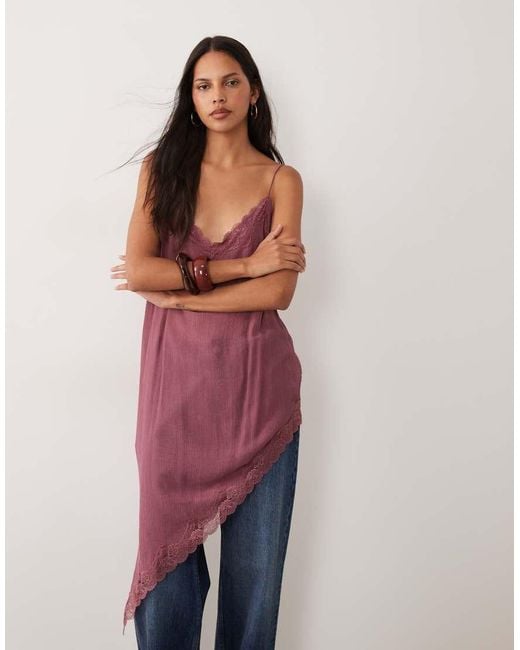 Mango Pink Asymmetric Cami Top With Lace Trim
