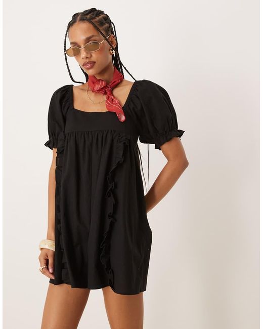ASOS Babydoll Playsuit Van Linnenmix Met Pofmouwen En Strik Achter in het Black