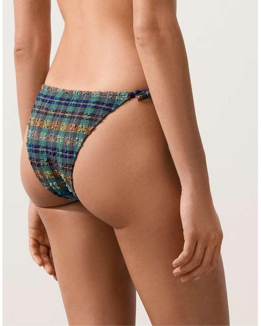 Oysho Green Textured Check Medium-coverage Bikini Briefs With Ties