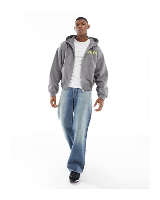 Weekday Gray Boxy Fit Zip Through Hoodie With Raised Print for men
