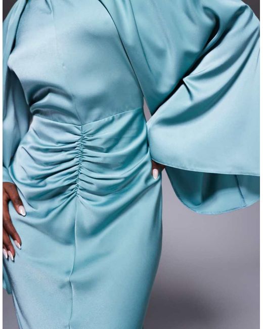 ASOS Blue Satin Long Sleeve Maxi Dress With Central Ruched Skirt