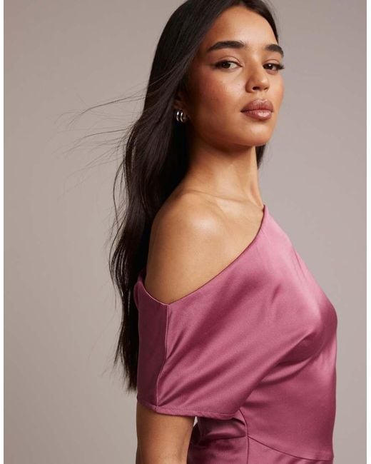 Six Stories Pink Bridesmaids Satin Asymmetric Off Shoulder Maxi Dress